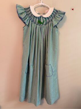Shrimp and Grits Kids Green and Blue Gingham Smocked Whale Dress